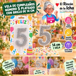 RI-0009647 Vela de Cumpleaños Número 5 Plateado con Brillo de 14 cm Feliz