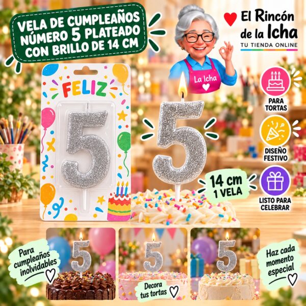 Vela de Cumpleaños Número 5 Plateado con Brillo de 14 cm Feliz