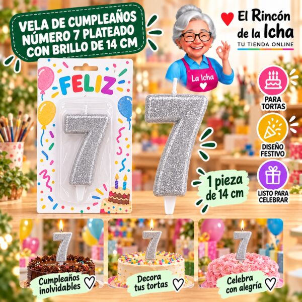 RI-0009648 Vela de Cumpleaños Número 7 Plateado con Brillo de 14 cm Feliz