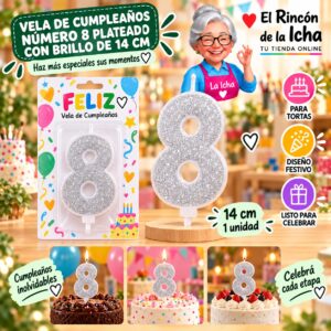 RI-0009649 Vela de Cumpleaños Número 8 Plateado con Brillo de 14 cm Feliz