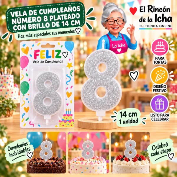 RI-0009649 Vela de Cumpleaños Número 8 Plateado con Brillo de 14 cm Feliz