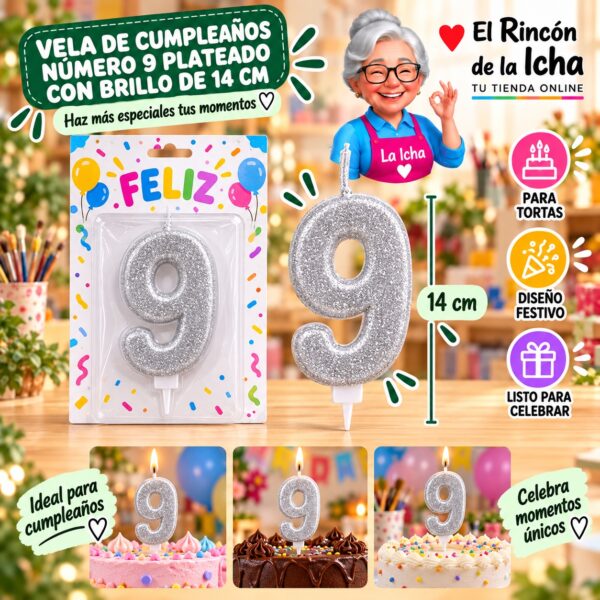 RI-0009650 Vela de Cumpleaños Número 9 Plateado con Brillo de 14 cm Feliz