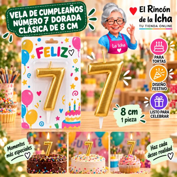 RI-0009651 Vela de Cumpleaños Número 7 Dorada Clásica de 8 cm Feliz