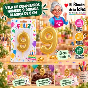 RI-0009652 Vela de Cumpleaños Número 9 Dorada Clásica de 8 cm Feliz