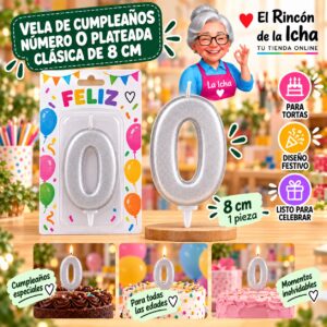 RI-0009653 Vela de Cumpleaños Número 0 Plateada Clásica de 8 cm Feliz
