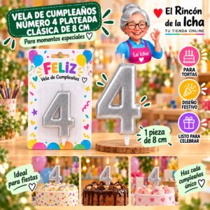 RI-0009654 Vela de Cumpleaños Número 4 Plateada Clásica de 8 cm Feliz
