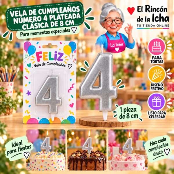 RI-0009654 Vela de Cumpleaños Número 4 Plateada Clásica de 8 cm Feliz