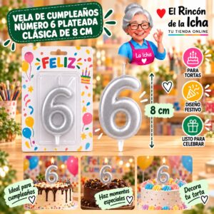 RI-0009655 Vela de Cumpleaños Número 6 Plateada Clásica de 8 cm Feliz