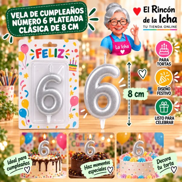 RI-0009655 Vela de Cumpleaños Número 6 Plateada Clásica de 8 cm Feliz