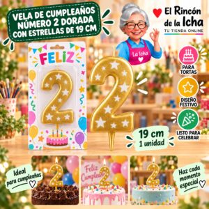 RI-0009656 Vela de Cumpleaños Número 2 Dorada con Estrellas de 19 cm Feliz