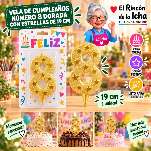 RI-0009657 Vela de Cumpleaños Número 8 Dorada con Estrellas de 19 cm Feliz