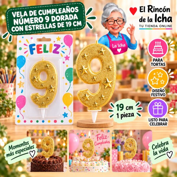 RI-0009658 Vela de Cumpleaños Número 9 Dorada con Estrellas de 19 cm Feliz