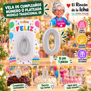 RI-0009659 Vela de Cumpleaños Número 0 Plateada Modelo Tradicional de 8 cm Feliz