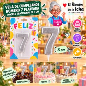 RI-0009660 Vela de Cumpleaños Número 7 Plateada Modelo Tradicional de 8 cm Feliz