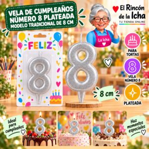 RI-0009661 Vela de Cumpleaños Número 8 Plateada Modelo Tradicional de 8 cm Feliz