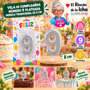 RI-0009662 Vela de Cumpleaños Número 9 Plateada Modelo Tradicional de 8 cm Feliz