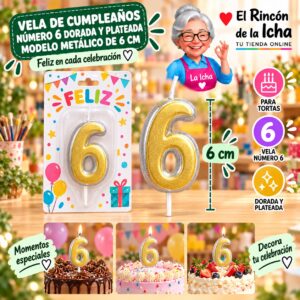 Vela de Cumpleaños Número 6 Dorada y Plateada Modelo Metálico de 6 cm Feliz