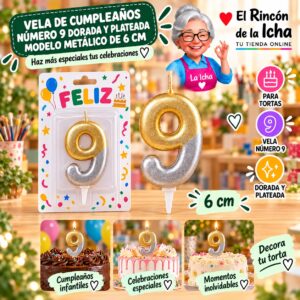 RI-0009664 Vela de Cumpleaños Número 9 Dorada y Plateada Modelo Metálico de 6 cm Feliz