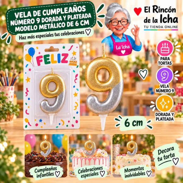 RI-0009664 Vela de Cumpleaños Número 9 Dorada y Plateada Modelo Metálico de 6 cm Feliz