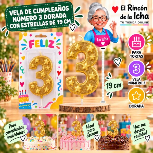 RI-0009665 Vela de Cumpleaños Número 3 Dorada con Estrellas de 19 cm Feliz
