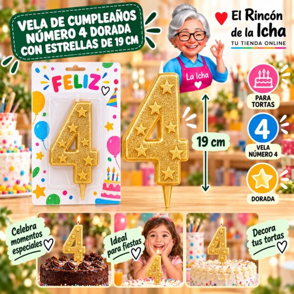 RI-0009666 Vela de Cumpleaños Número 4 Dorada con Estrellas de 19 cm Feliz