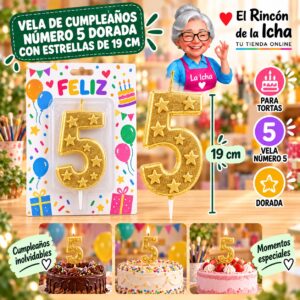 RI-0009667 Vela de Cumpleaños Número 5 Dorada con Estrellas de 19 cm Feliz