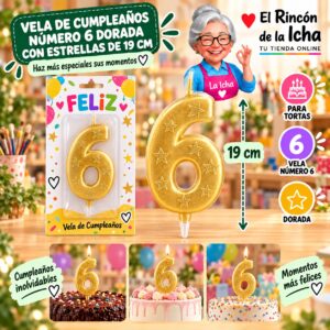 RI-0009668 Vela de Cumpleaños Número 6 Dorada con Estrellas de 19 cm Feliz