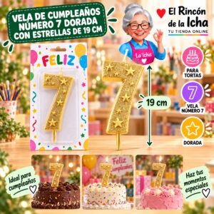 RI-0009669 Vela de Cumpleaños Número 7 Dorada con Estrellas de 19 cm Feliz