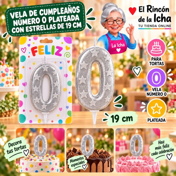 RI-0009670 Vela de Cumpleaños Número 0 Plateada con Estrellas de 19 cm Feliz
