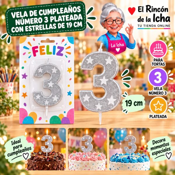 RI-0009671 Vela de Cumpleaños Número 3 Plateada con Estrellas de 19 cm Feliz