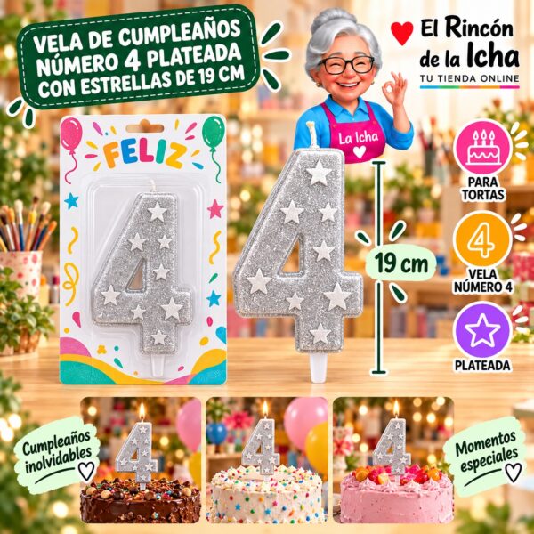 RI-0009672 Vela de Cumpleaños Número 4 Plateada con Estrellas de 19 cm Feliz