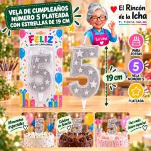 RI-0009673 Vela de Cumpleaños Número 5 Plateada con Estrellas de 19 cm Feliz