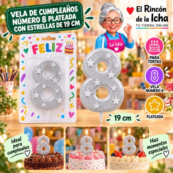 RI-0009674 Vela de Cumpleaños Número 8 Plateada con Estrellas de 19 cm Feliz