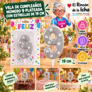 RI-0009675 Vela de Cumpleaños Número 9 Plateada con Estrellas de 19 cm Feliz
