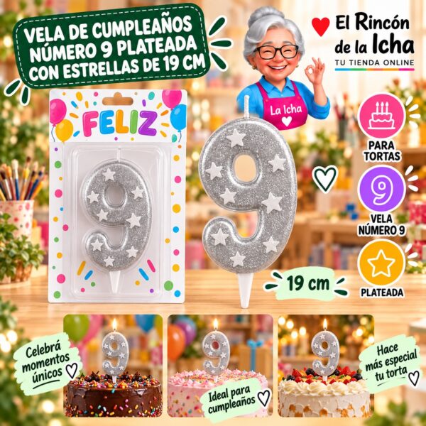 RI-0009675 Vela de Cumpleaños Número 9 Plateada con Estrellas de 19 cm Feliz