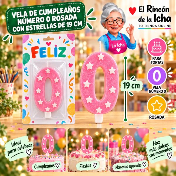 RI-0009676 Vela de Cumpleaños Número 0 Rosada con Estrellas de 19 cm Feliz