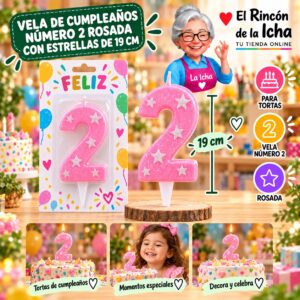 RI-0009677 Vela de Cumpleaños Número 2 Rosada con Estrellas de 19 cm Feliz