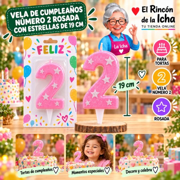 RI-0009677 Vela de Cumpleaños Número 2 Rosada con Estrellas de 19 cm Feliz
