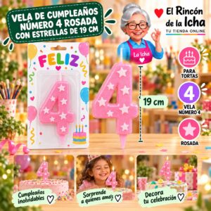 RI-0009678 Vela de Cumpleaños Número 4 Rosada con Estrellas de 19 cm Feliz