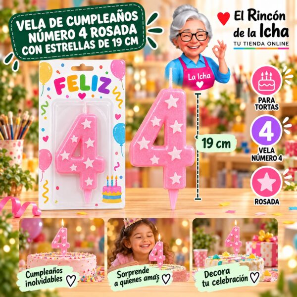 RI-0009678 Vela de Cumpleaños Número 4 Rosada con Estrellas de 19 cm Feliz