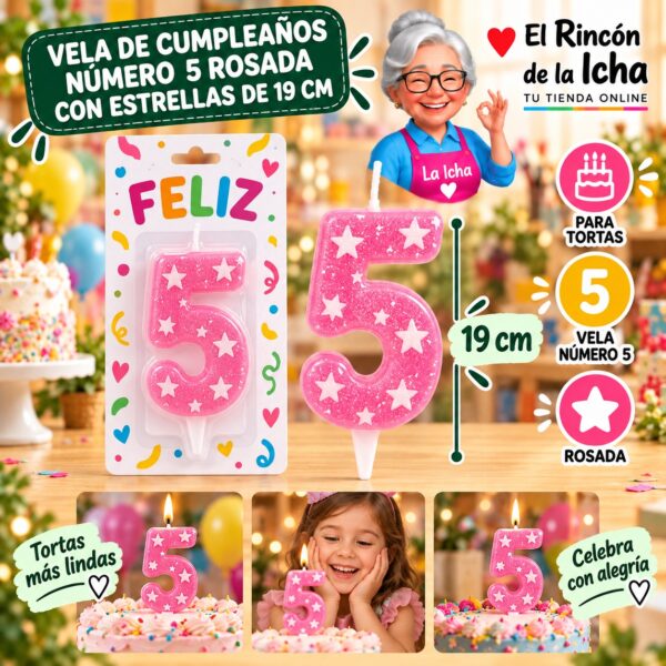 RI-0009679 Vela de Cumpleaños Número 5 Rosada con Estrellas de 19 cm Feliz