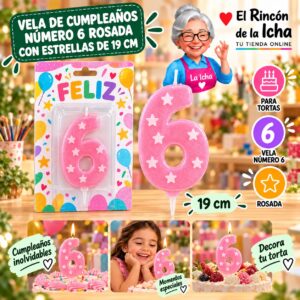 RI-0009680 Vela de Cumpleaños Número 6 Rosada con Estrellas de 19 cm Feliz