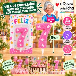 RI-0009681 Vela de Cumpleaños Número 7 Rosada con Estrellas de 19 cm Feliz