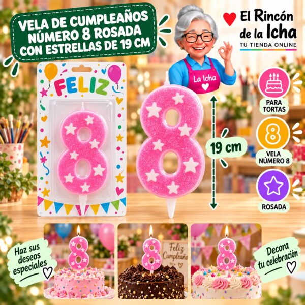 RI-0009682 Vela de Cumpleaños Número 8 Rosada con Estrellas de 19 cm Feliz