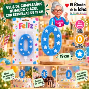 RI-0009683 Vela de Cumpleaños Número 0 Azul con Estrellas de 19 cm Feliz