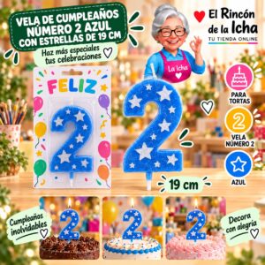 RI-0009684 Vela de Cumpleaños Número 2 Azul con Estrellas de 19 cm Feliz