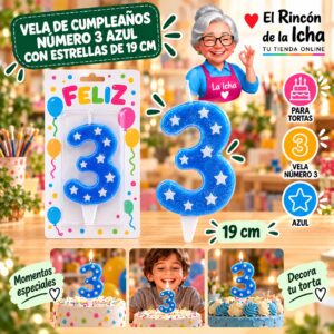 RI-0009685 Vela de Cumpleaños Número 3 Azul con Estrellas de 19 cm Feliz
