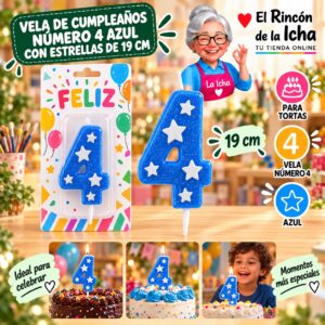 RI-0009686 Vela de Cumpleaños Número 4 Azul con Estrellas de 19 cm Feliz