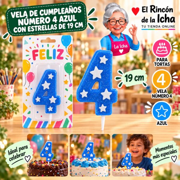 RI-0009686 Vela de Cumpleaños Número 4 Azul con Estrellas de 19 cm Feliz