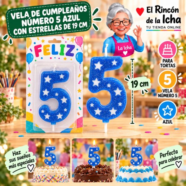 RI-0009687 Vela de Cumpleaños Número 5 Azul con Estrellas de 19 cm Feliz